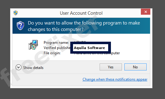 Screenshot where Aquila Software appears as the verified publisher in the UAC dialog
